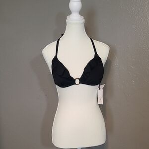 Shade & Shore Womens Black Halter String Bikini Top NWT Medium W/ Ruffle
